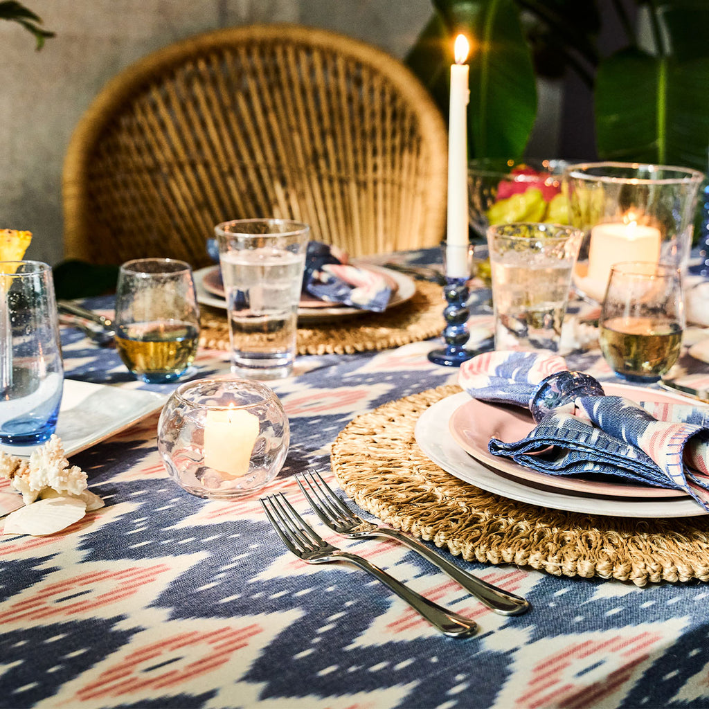 Ikat 60" x 120" Tablecloth in Blue and Pink