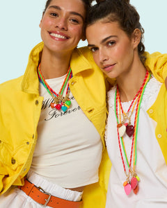 The Happy Cord Long Big Double Heart Necklace in Pink Flamingo
