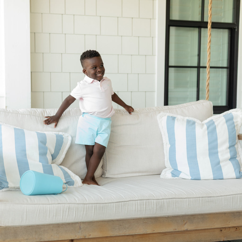 Henry Duvall Sullivan Shorts for boys in mint piqué, a classic two-piece outfit featuring a button-down shirt with rounded collar and tailored shorts.