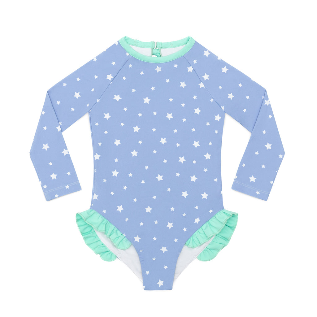 Girls’ long sleeve rashguard one piece swimsuit in Seaside Seersucker with UPF 50+ and scalloped open back, perfect for summer or beach vacations by Henry Duvall.