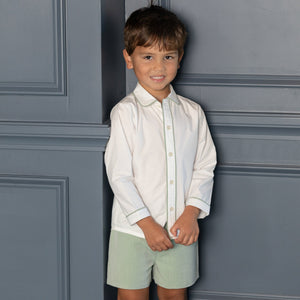 Henry Duvall Sullivan Shorts Set for toddler boys in sage herringbone, heirloom outfit with rounded collar shirt, classic English-inspired boys clothing
