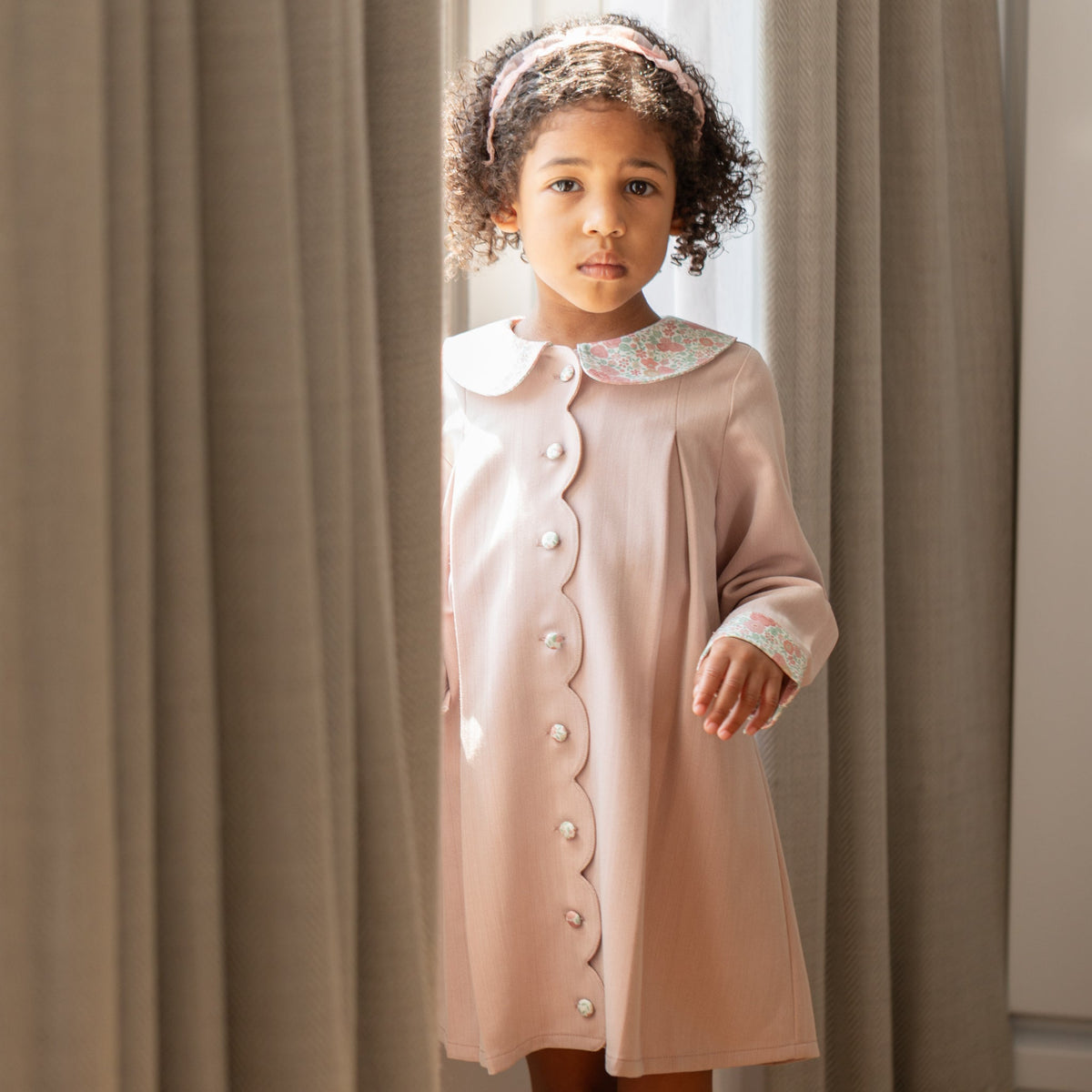 Henry Duvall Pippa Dress for girls in Parker Pink Herringbone, classic rose pink fall dress inspired by English heritage, perfect sibling set style for portraits and special occasions