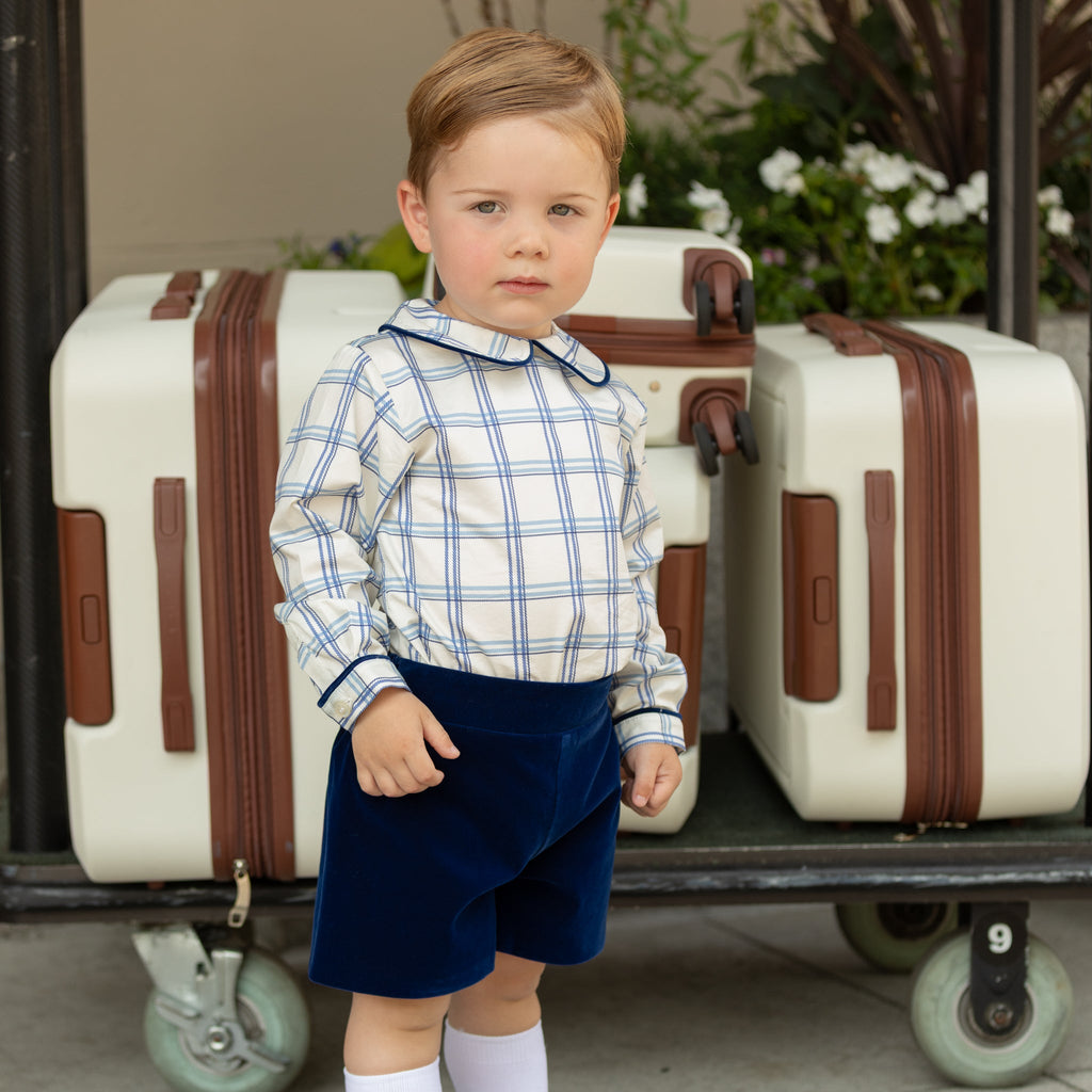 Henry Duvall Long Sleeve Henry Peter Pan Shirt in Prescott Plaid, classic boys fall shirt with Peter Pan collar and button-back, perfect for layering and coordinating sibling outfits