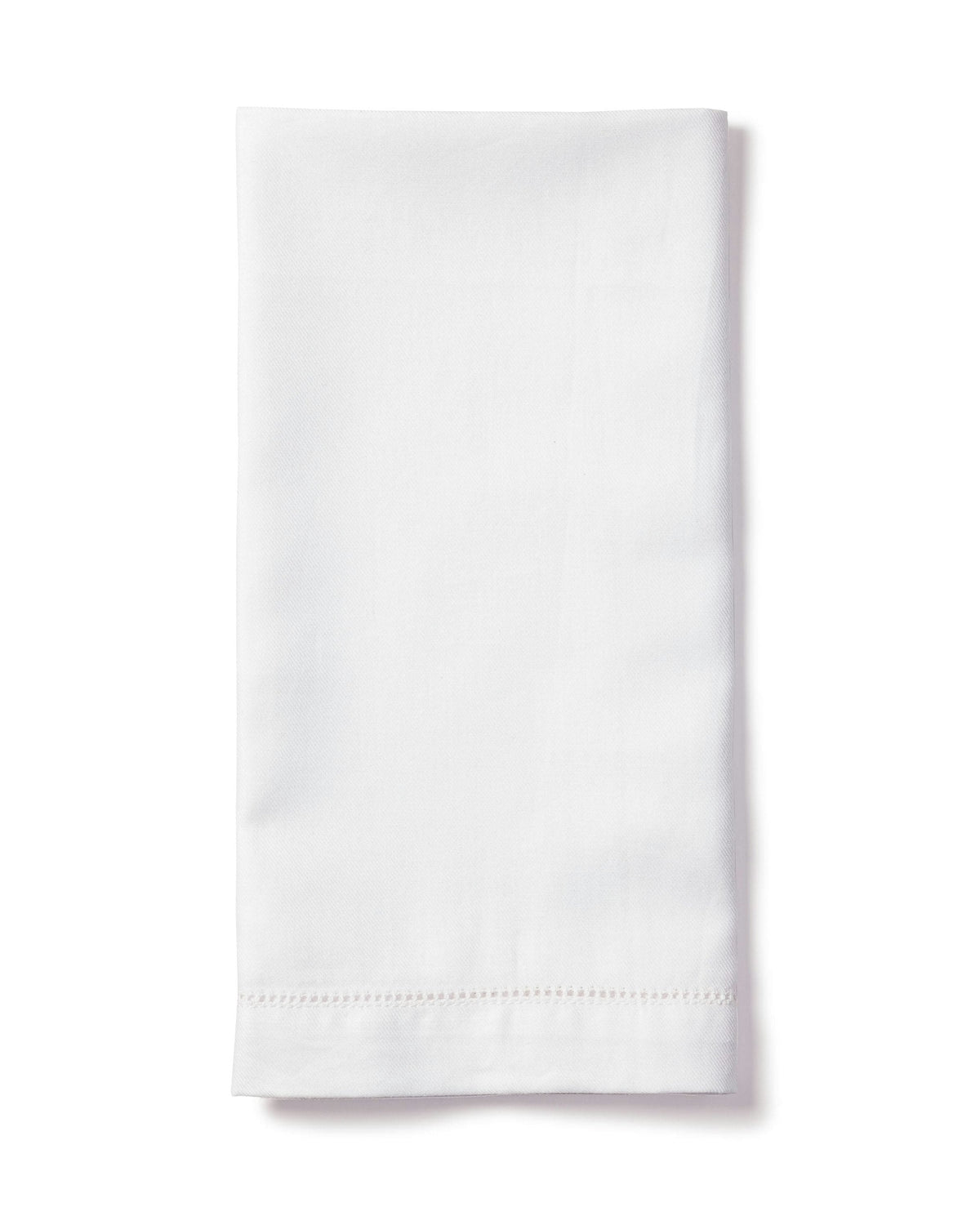 Folded front view of Signature twill napkin set of 4 in white showcasing hemstitch border on white background