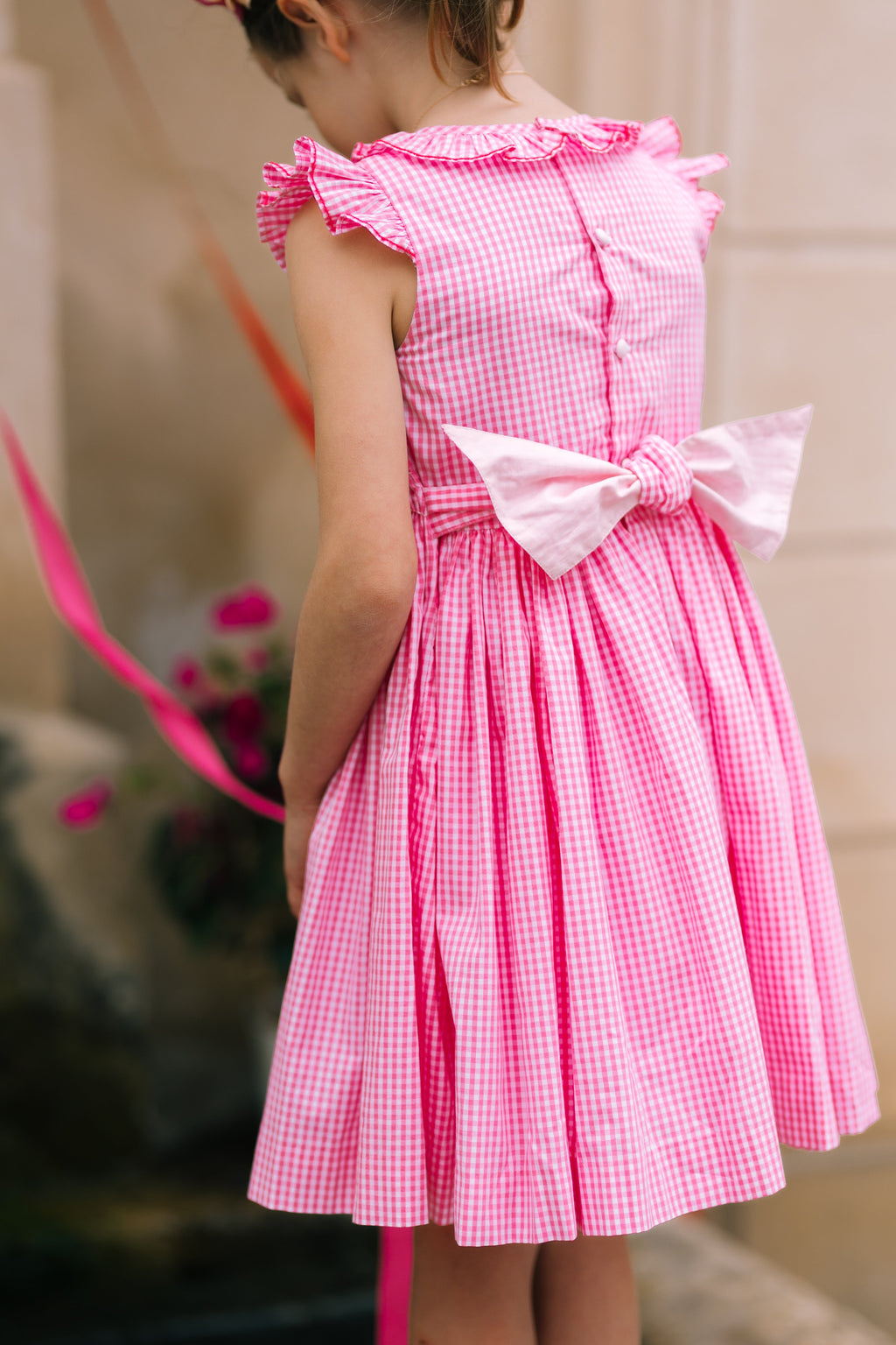 Tulip Pink Gingham Frilled Cap Sleeve Smocked Dress