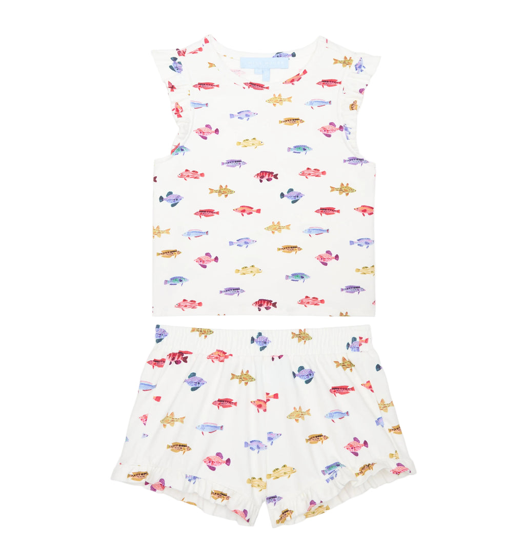 The Tiny Lala Short Set in White Rainbow Fish