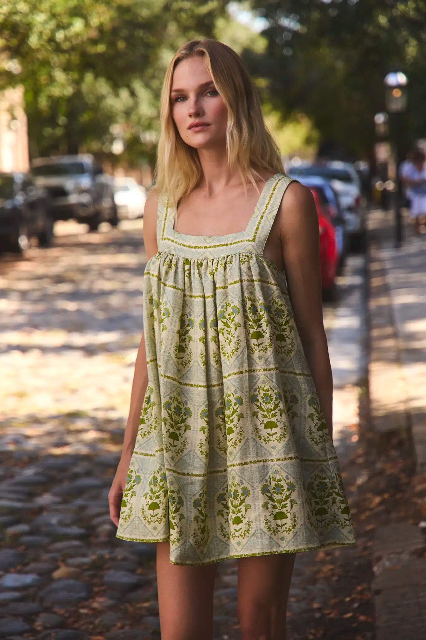 The Tipper Dress, square neck mini dress, in Green Trellis.