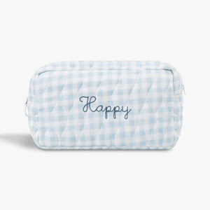 Toiletry Pouch in Blue Gingham. "Happy" embroidered on the front.