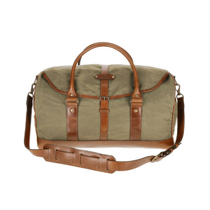 Tom Beckbes Canvas Weekender Duffel Bag: travel-ready with brown leather straps and a long adjustable shoulder strap.