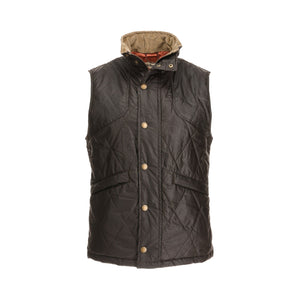 The Tom Beckbe Paddock Quilted Vest is black with a brown collar, weatherproof cotton, and two front pockets.