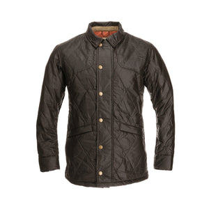 The Paddock Quilted Jacket by Tom Beckbe is dark green with breathable insulation, a collared design, button closure, and two pockets.