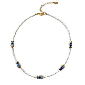 White Heishi Blue Fish Necklace