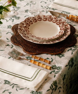 Rebecca Udall Sophie Classic Two Cord Napkin, Sage with the Scalloped Rattan Placemat