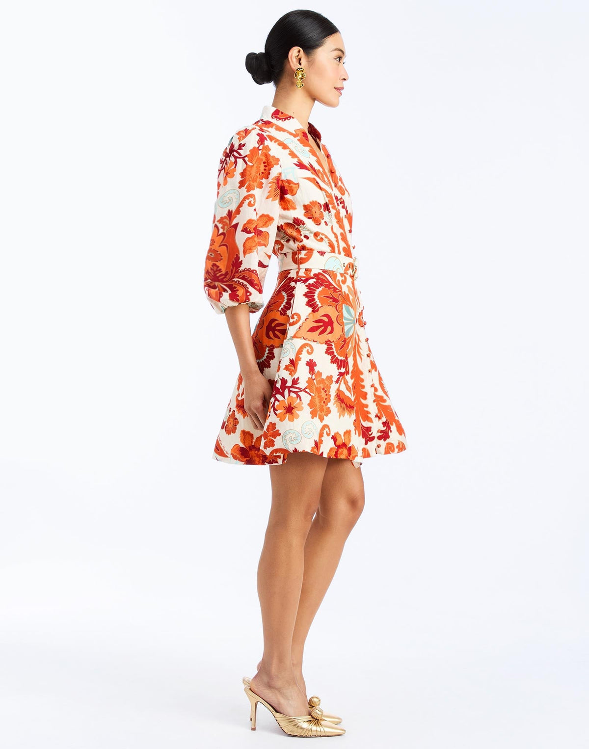 Side - Valencia Mini Dress in Rossa Waltz – fit-and-flare cocktail dress with mandarin collar, balloon sleeves, belt, and flared hem