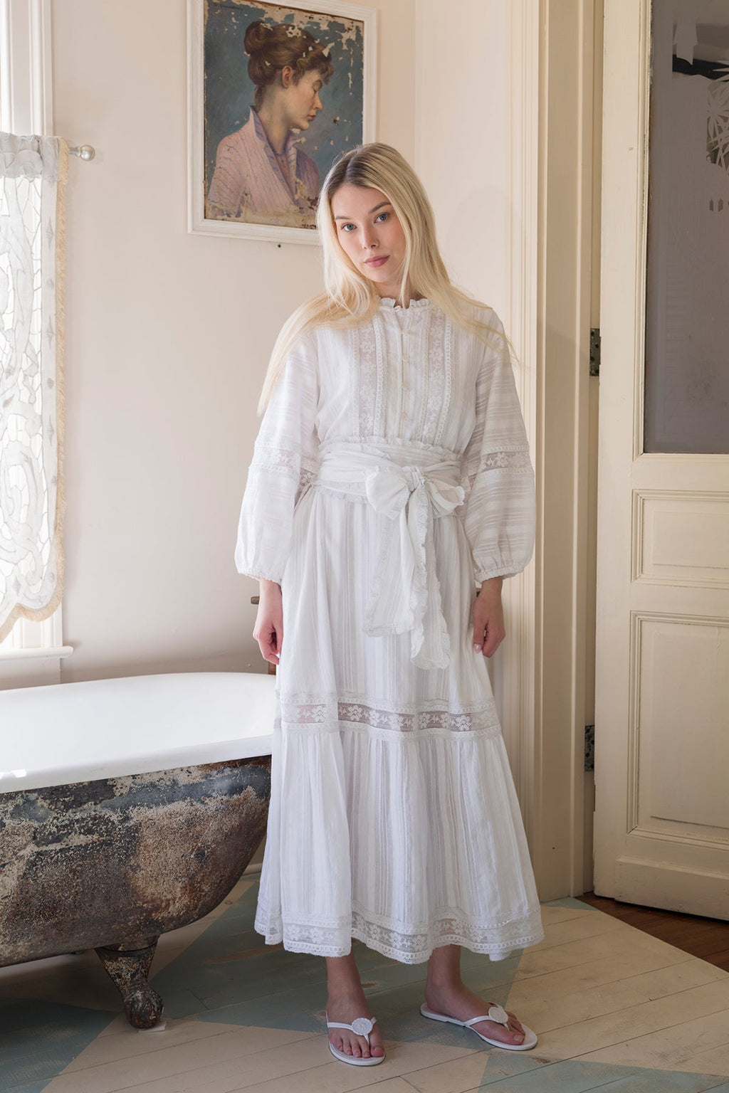 Flounce Dress in White Cotton Floral Lace