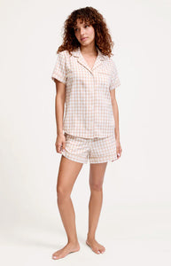 Women’s Twill Short Sleeve Short Set in Camel Gingham