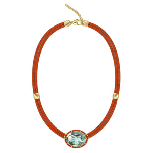 Concave-Cut Green Amethyst Silk Cord Pendant, Bright Vermillion Cord