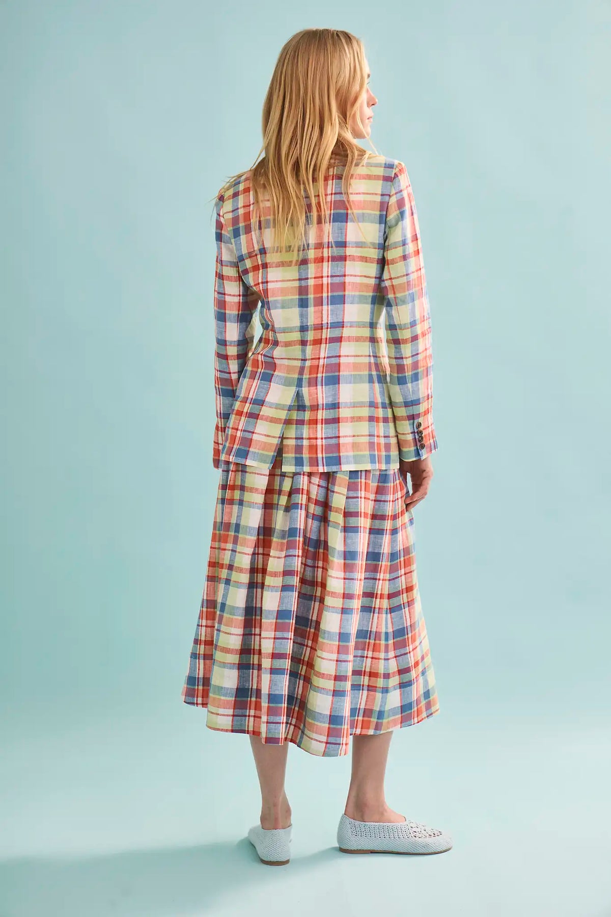 Back of The Yardley Blazer in Harbor Club Madras paired with matching Maison Skirt.