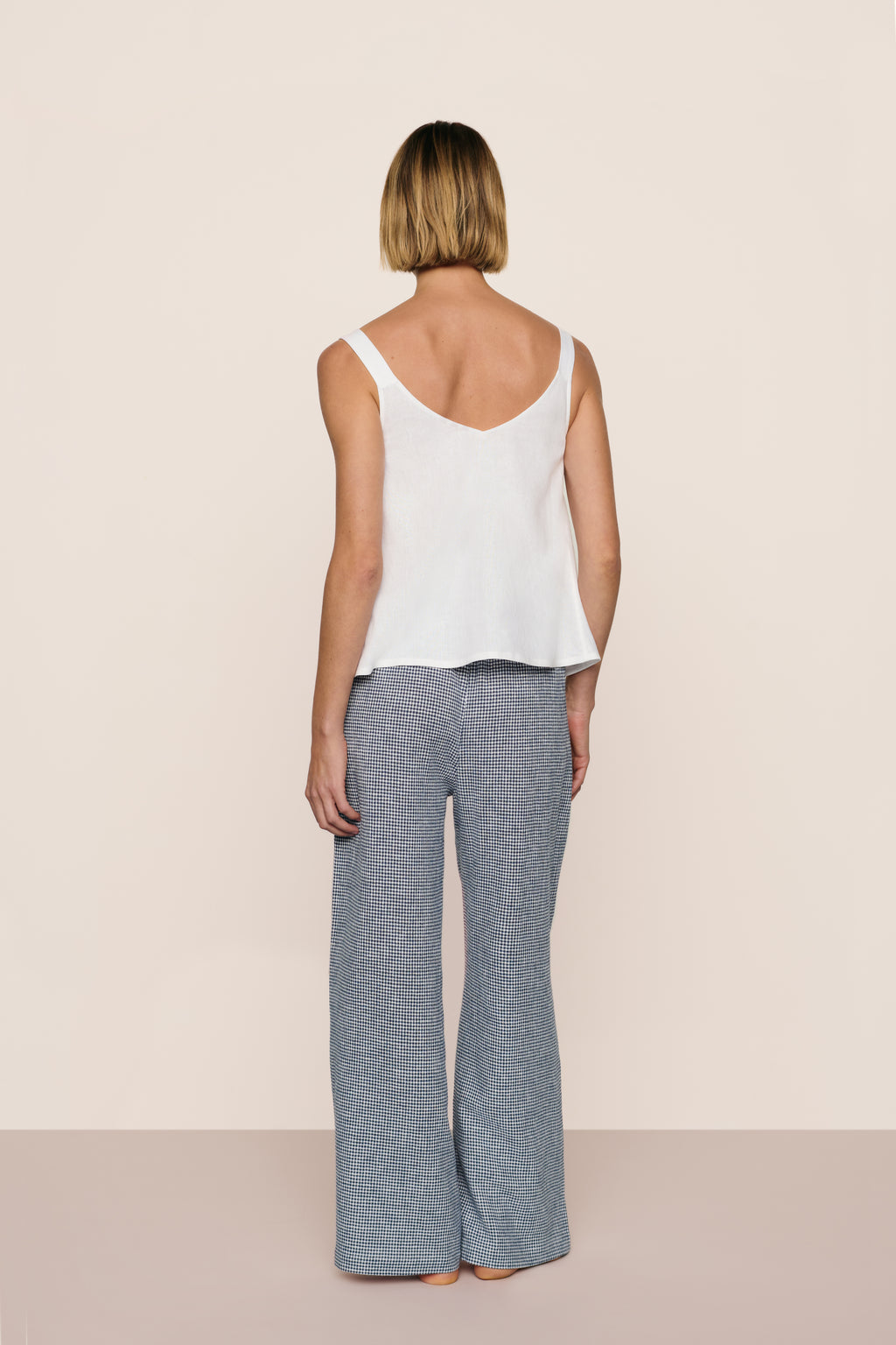 Linen Blend Relaxed Pant in Gingham White/Navy