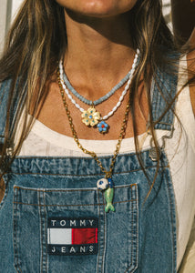 Blue Beaded Gold Flower Necklace