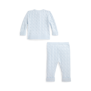 Cable-Knit Cotton Cardigan & Pant Set in Pearl Blue
