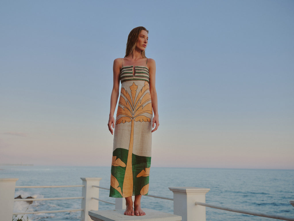 Antigua Linen Midi Dress in Peach Palms