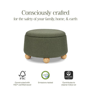 Tuffet Storage Ottoman in Performance Olive Boucle with Honey Ball Feet