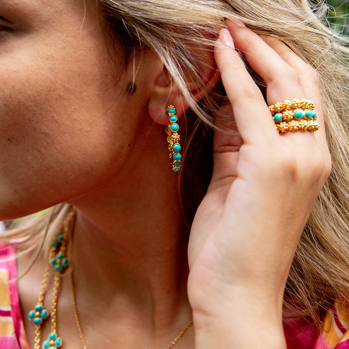 Berry Gem Medium Hoop Earrings in Turquoise