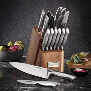 15-Piece Elite Series Stainless Steel Block Set with Acacia Block in Stainless Steel