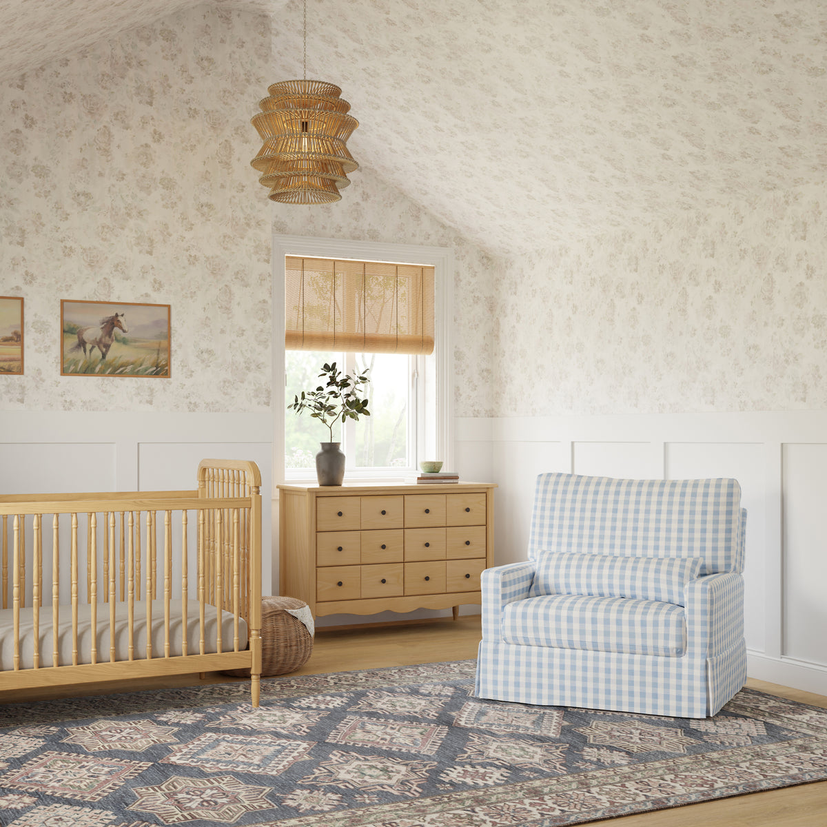 Crawford Pillowback Chair and a Half Comfort Swivel Glider in Blue Gingham