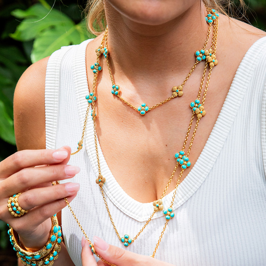 Berry Clover Double Sided Necklace 34" in Turquoise