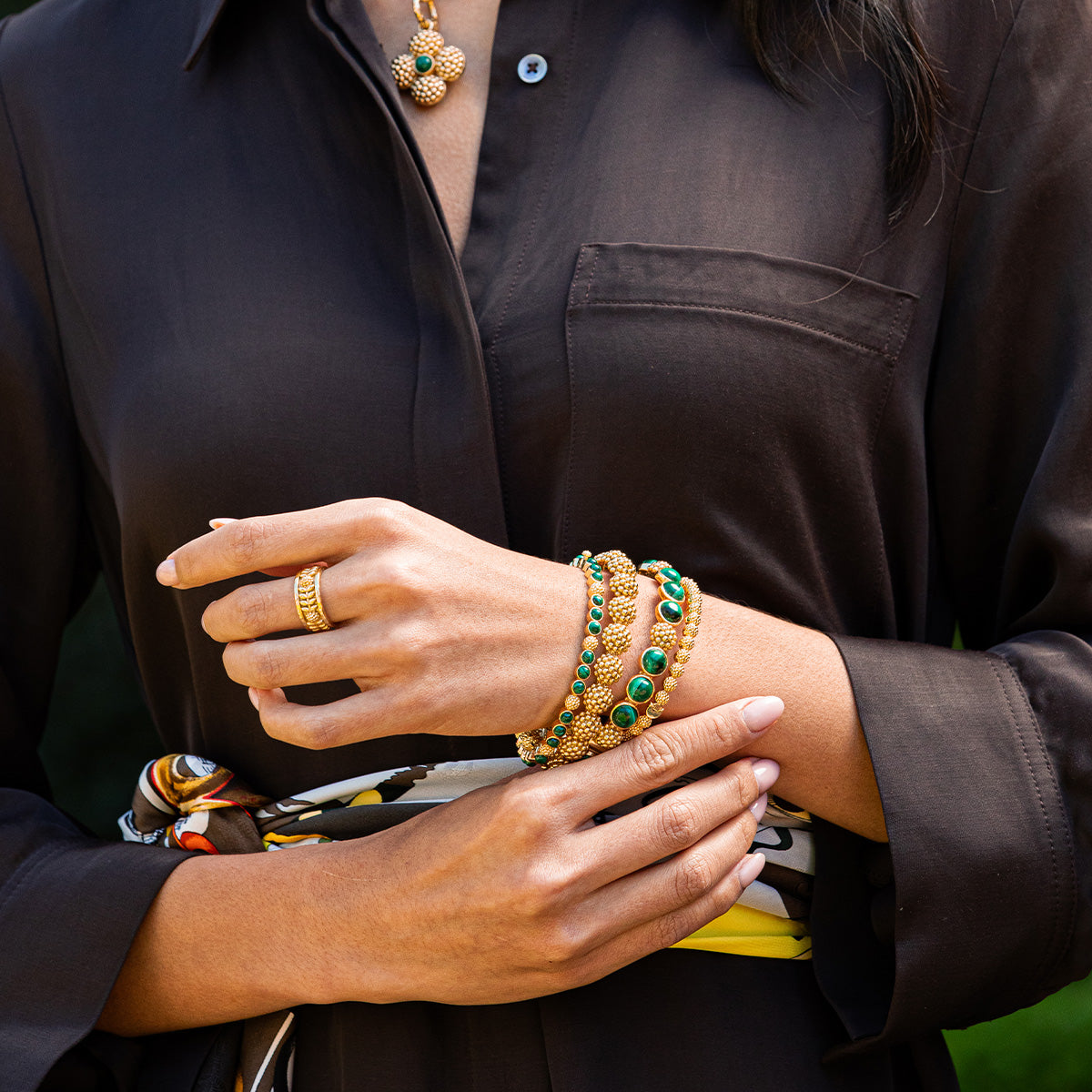 Berry Gem Hinged Bangle in Malachite