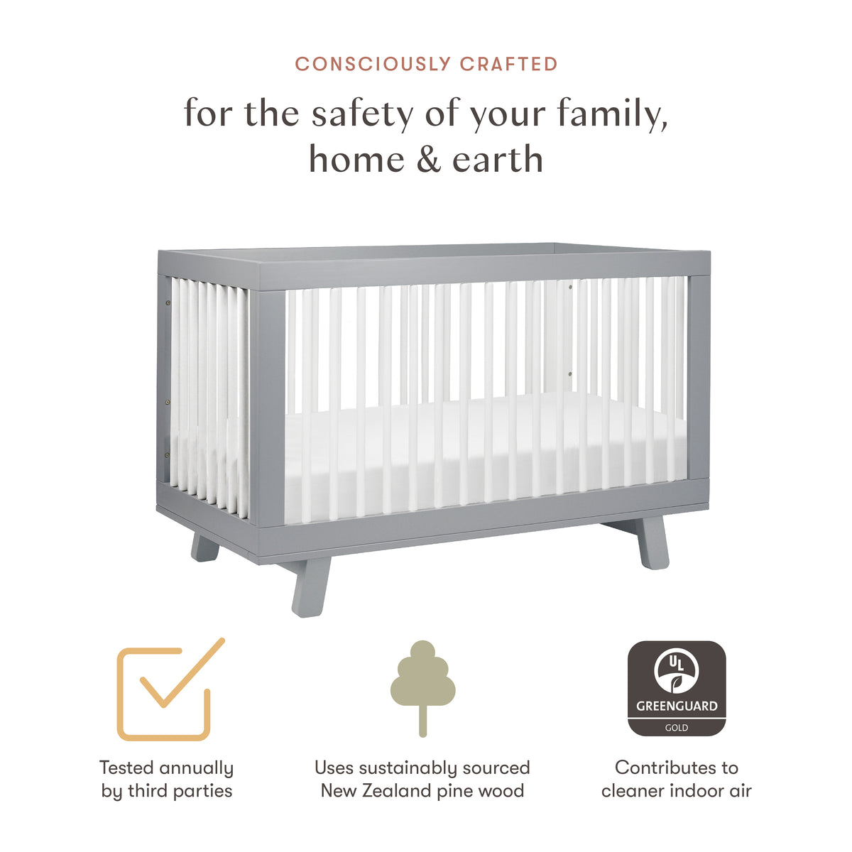 Hudson 3-in-1 Convertible Crib with Toddler Bed Conversion Kit in Grey & White