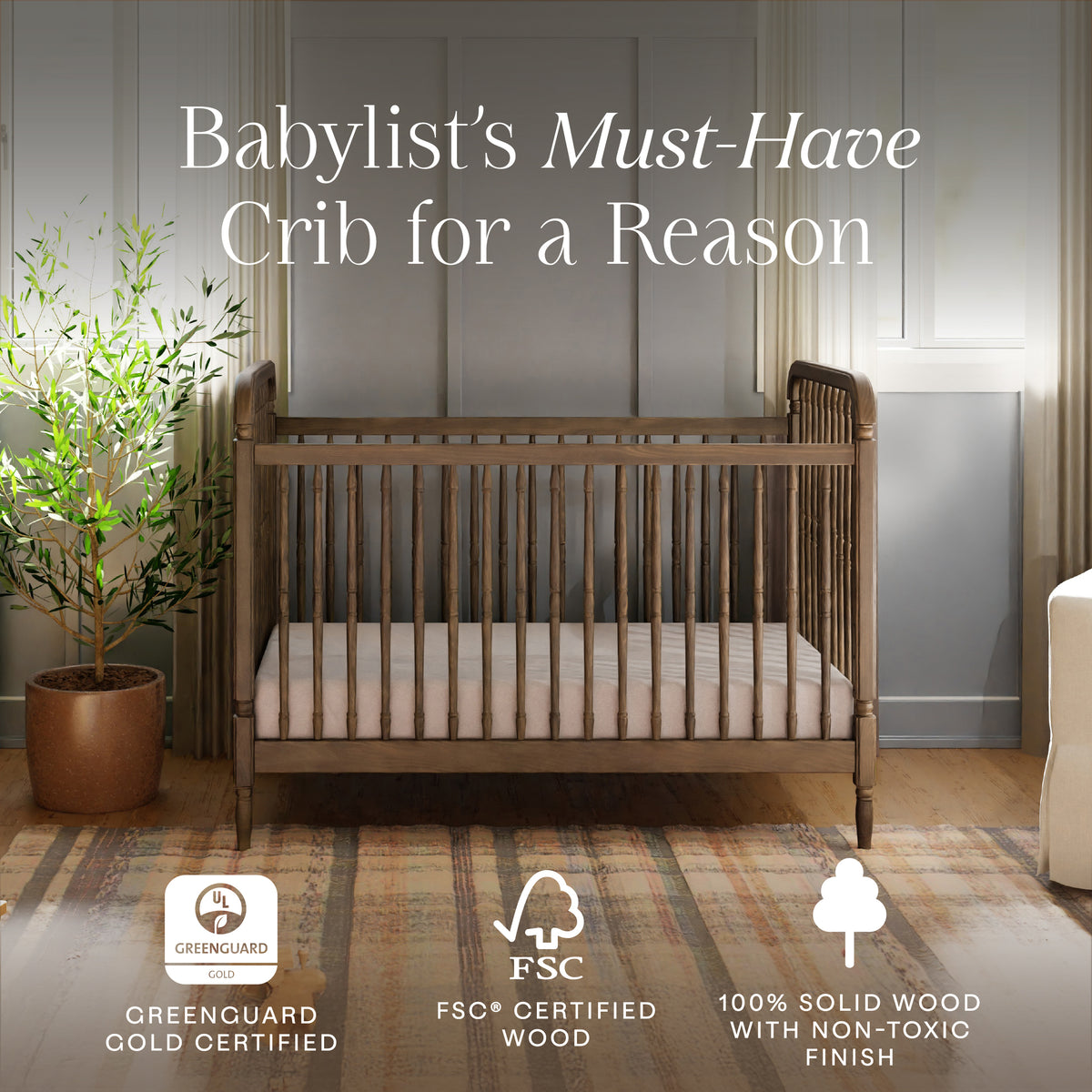 Liberty 3-in-1 Convertible Spindle Crib with Toddler Bed Conversion Kit in Natural Walnut