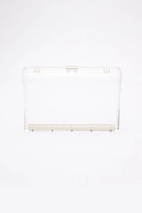 Clear Italian acrylic Mia Acrylic Clutch with Ivory Laser Cut Rose ballot or suggestion box with a front lock on a white background by The Bella Rosa Collection.