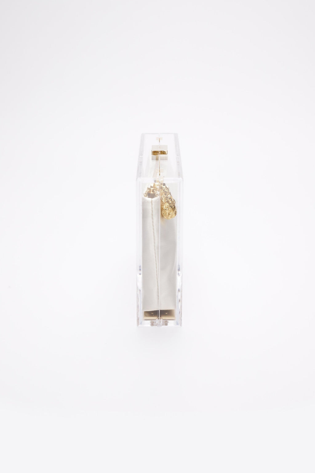 Clear Italian Mia Acrylic Clutch with Ivory Laser Cut Rose award with gold accents on a white background from The Bella Rosa Collection.