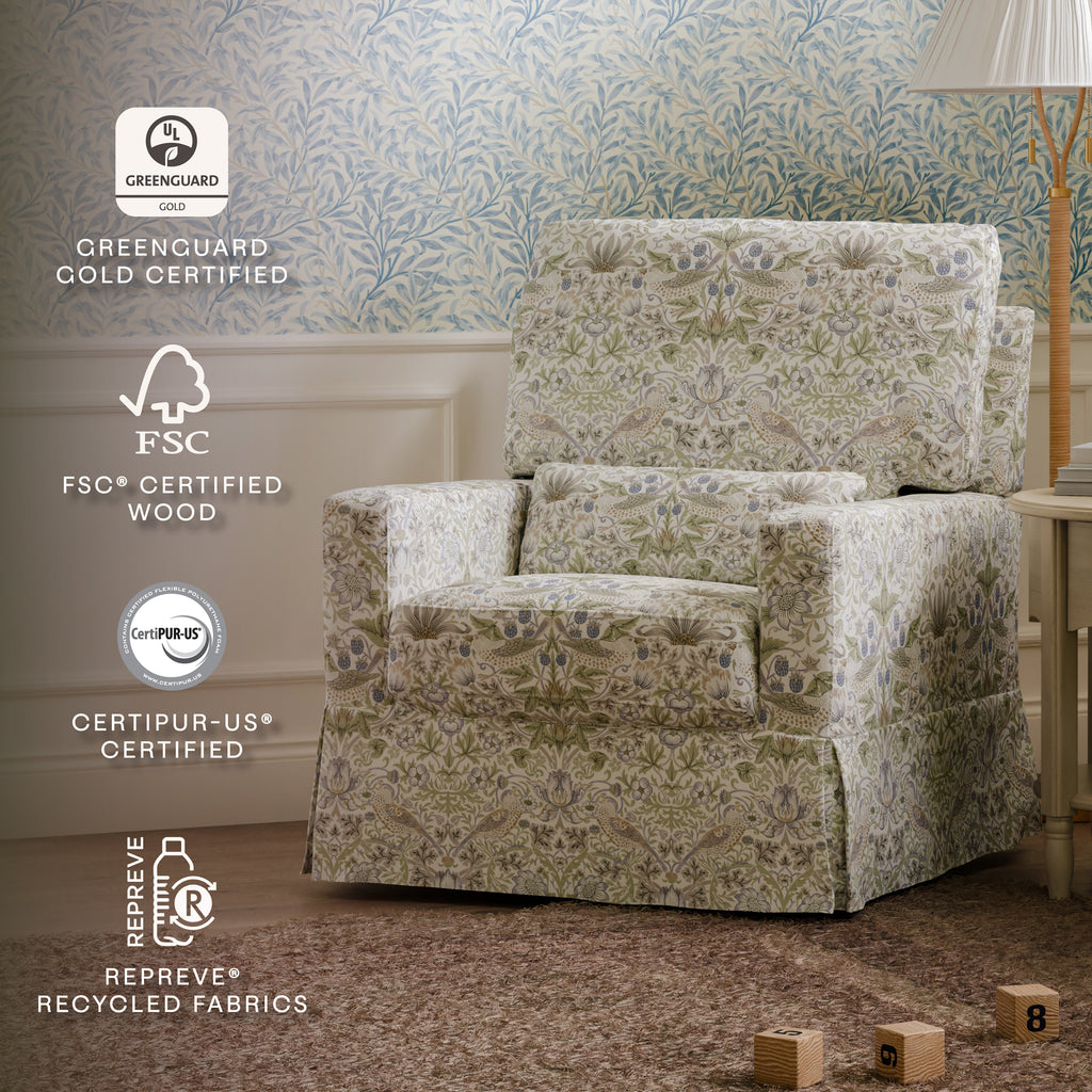 Morris & Co. x Namesake Crawford Pillowback Comfort Swivel Glider Strawberry Thief in Fig & Thyme