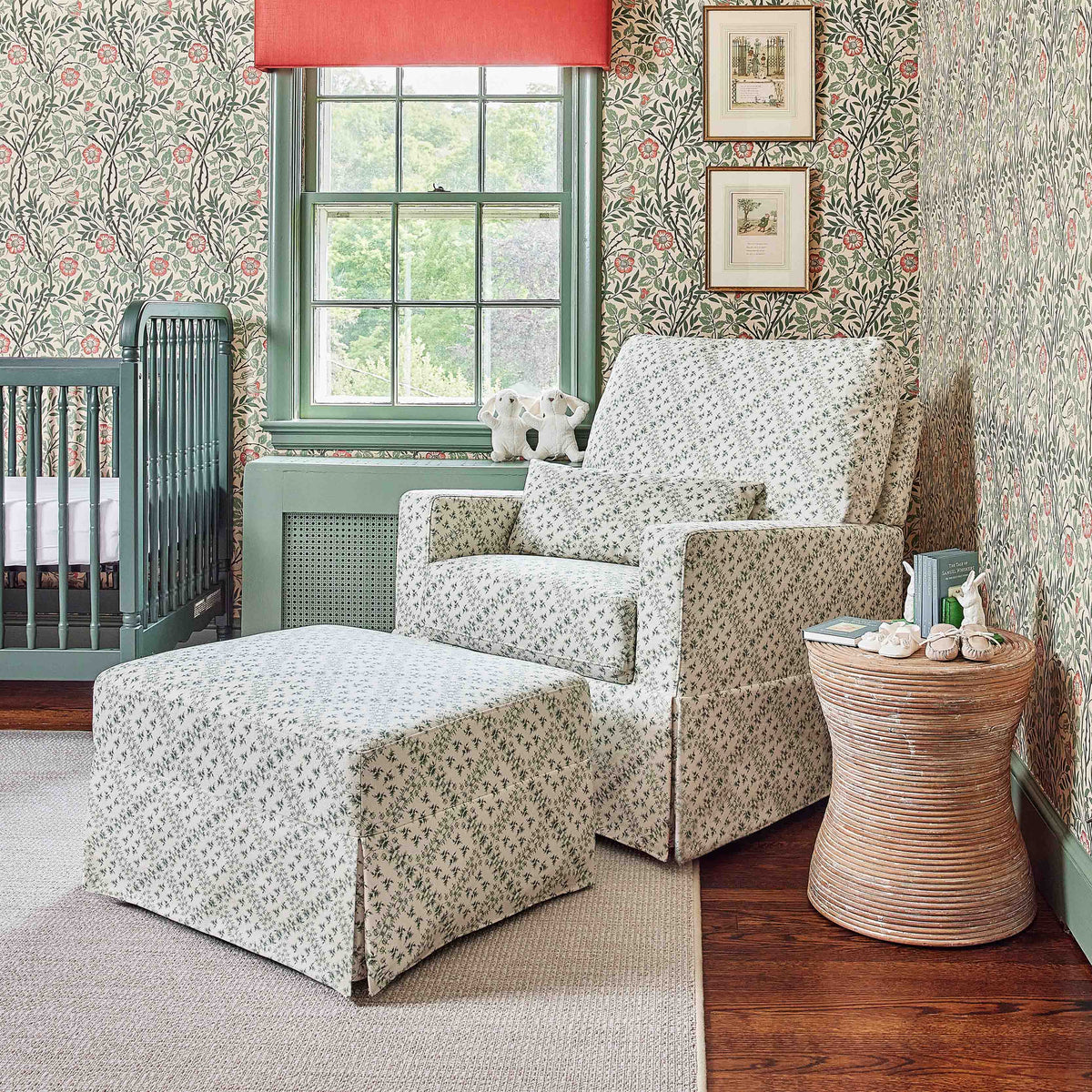 Sarah Flint x Namesake Crawford Gliding Ottoman in Eco-Performance Fabric | Water Repellent & Stain Resistant in Green Lattice Performance Eco-Weave