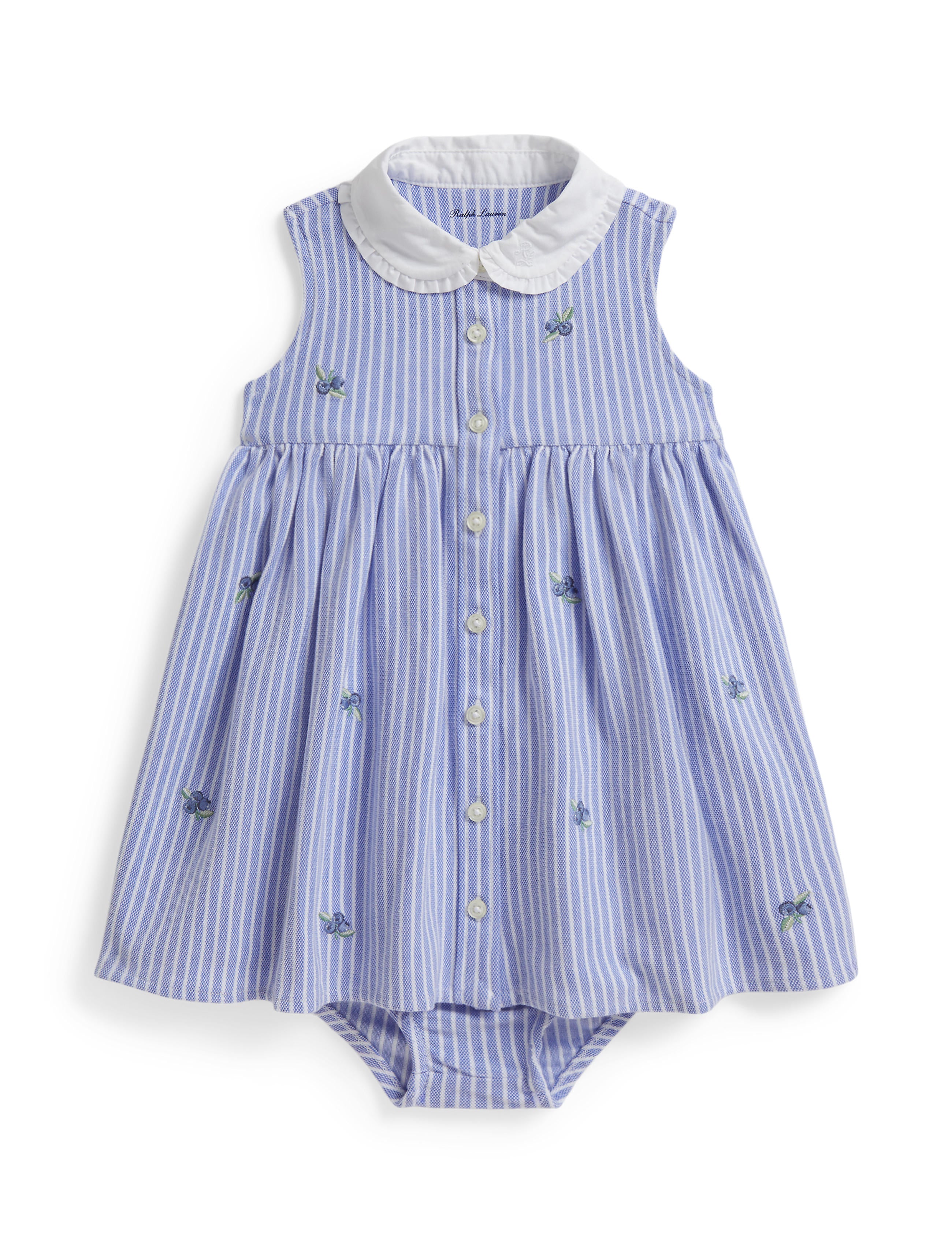 Sleeveless Oxford Mesh Striped Schiffli Ruffle Dress
