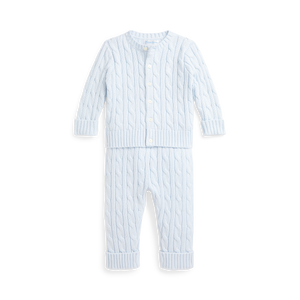 Cable-Knit Cotton Cardigan & Pant Set in Pearl Blue