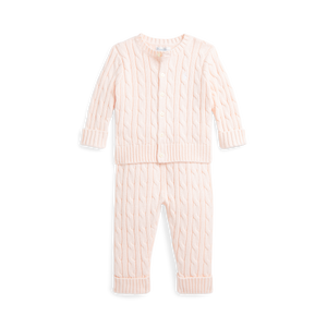 Cable-Knit Cotton Cardigan & Pant Set in Morning Pink
