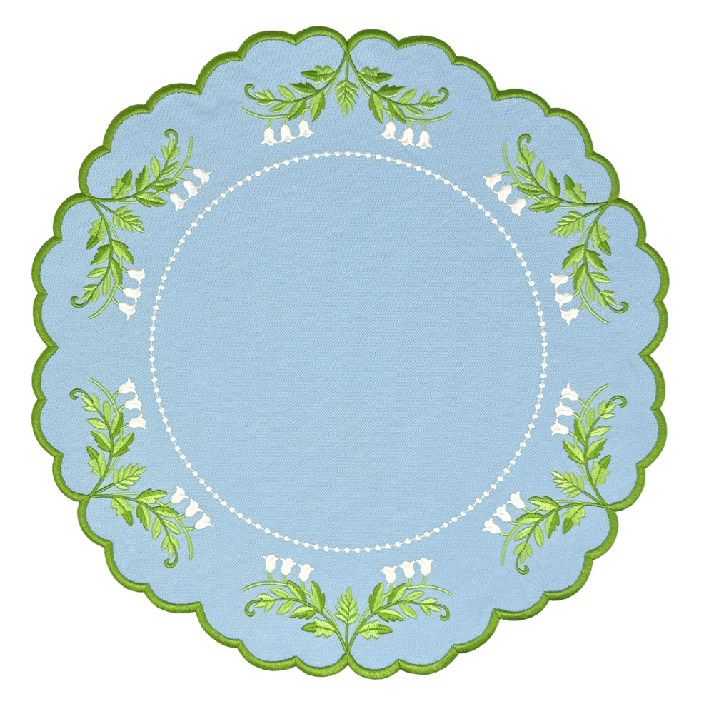 Decorative luxury placemat and with lilly of the valley green leaf embroidery and green and white embroidery
