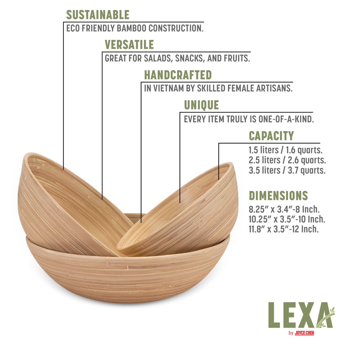 Bamboo Bowls in Natural, Set of 3