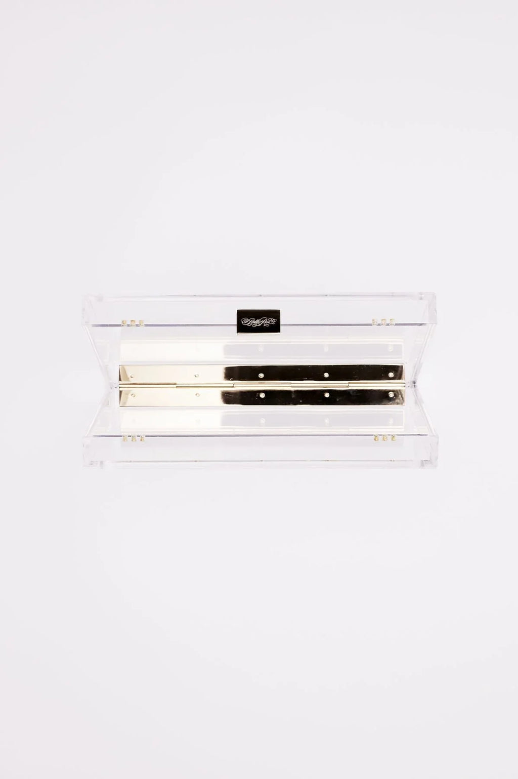 Transparent Italian acrylic Mia Acrylic Clutch with Cinderella Blue Pouch container with metallic hinges on a white background by The Bella Rosa Collection.