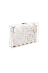 Clear Italian Mia Acrylic Clutch with Ivory Laser Cut Rose, from The Bella Rosa Collection.