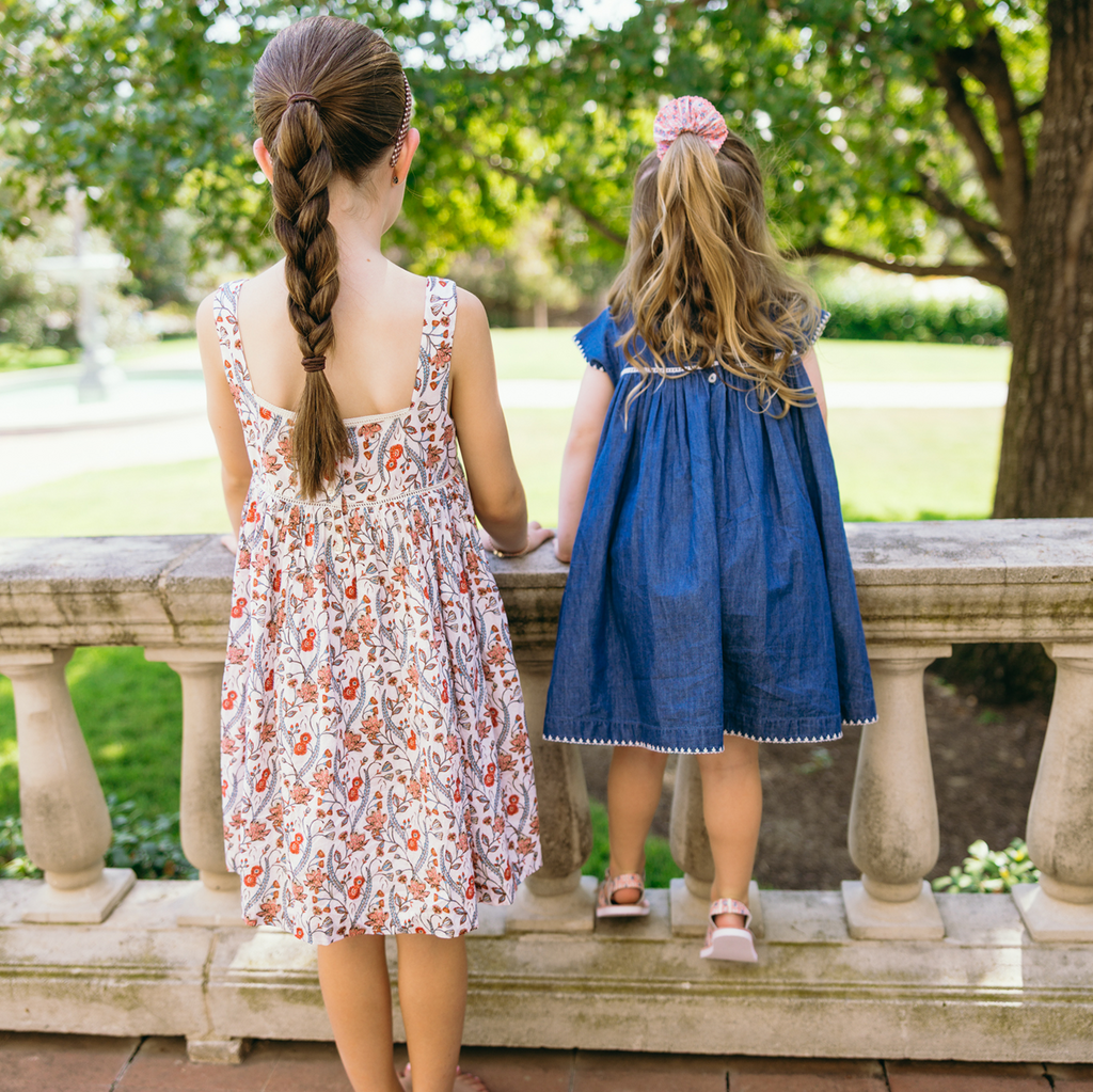 Girls’ Chambray Embroidered Cap Sleeve Dress