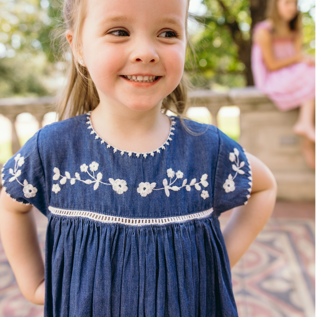 Girls’ Chambray Embroidered Cap Sleeve Dress