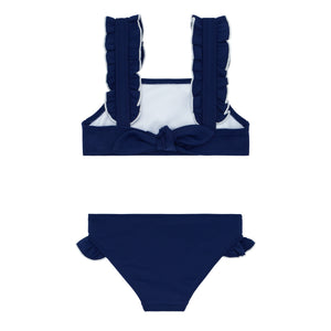 Girls Navy With White Trim Ruffle Strap Bikini