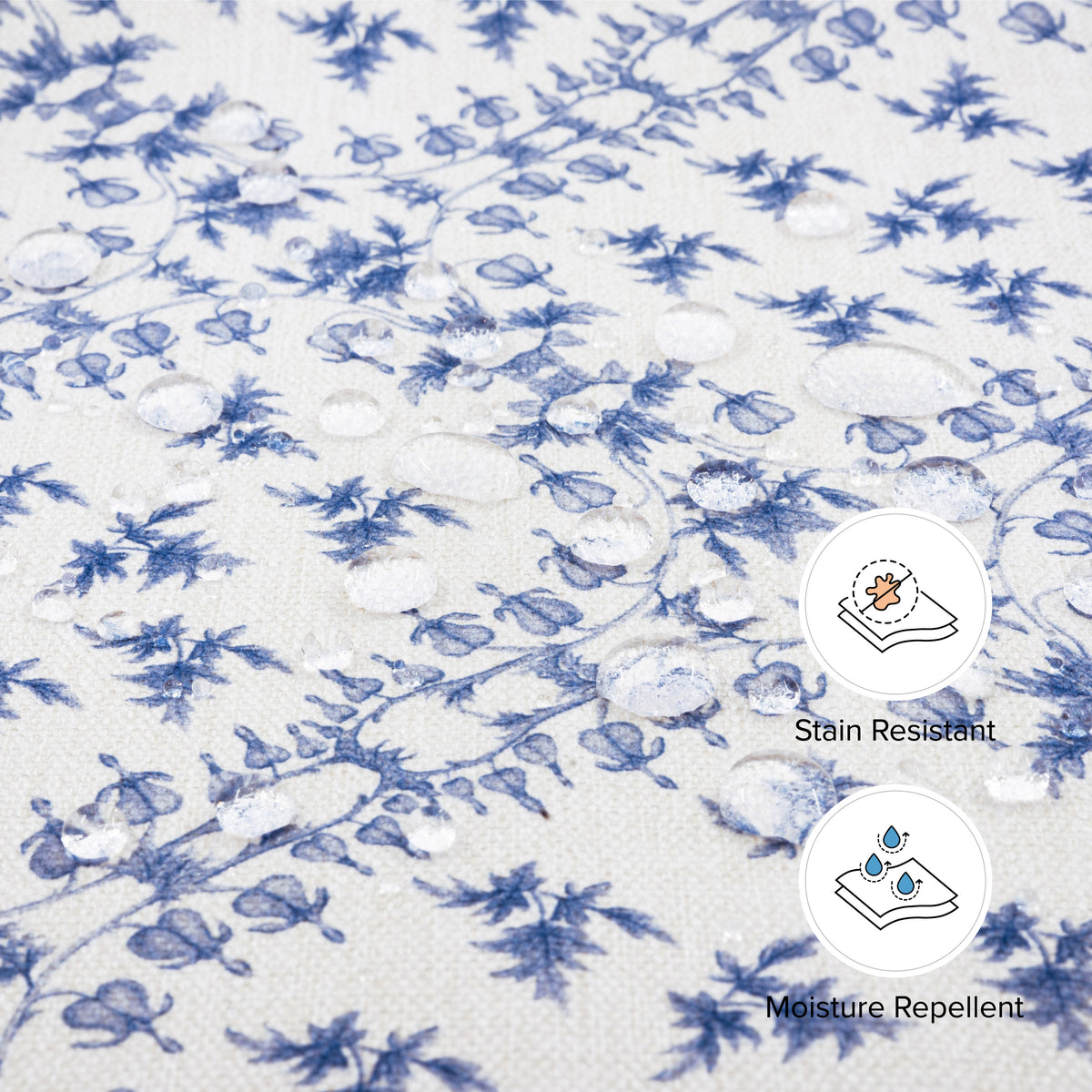 Close-up of Crawford glider Blue Lattice fabric with water beading and icons Stain Resistant and Moisture Repellent