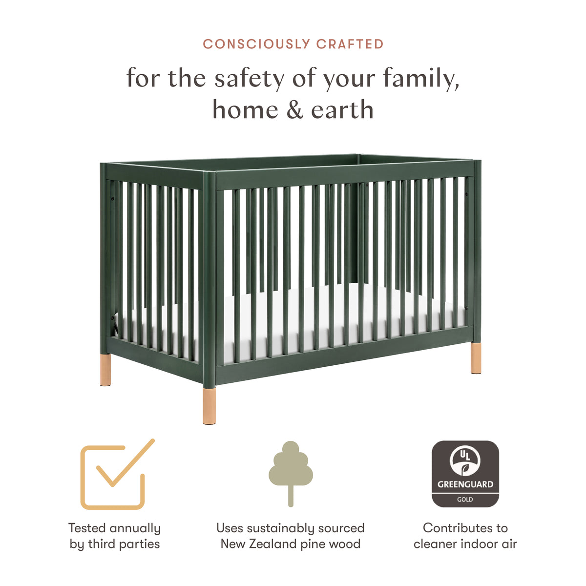 Gelato 4-in-1 Convertible Crib with Toddler Bed Conversion Kit in Forest Green with Vegan Blonde Leather Feet